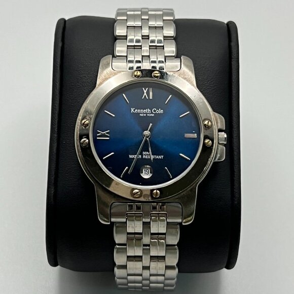 Kenneth Cole Men’s Watch Round Silver and Blue Working - Picture 1 of 6